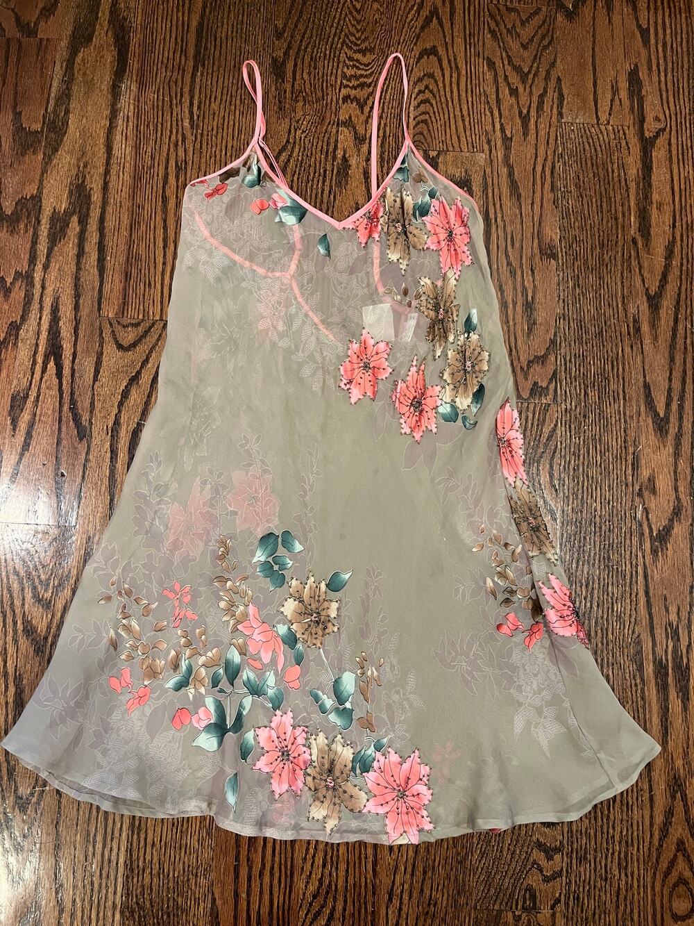VTG Y2K Mary Green Silk Sheer Floral Mesh Chemise Slip Dress M embroidered